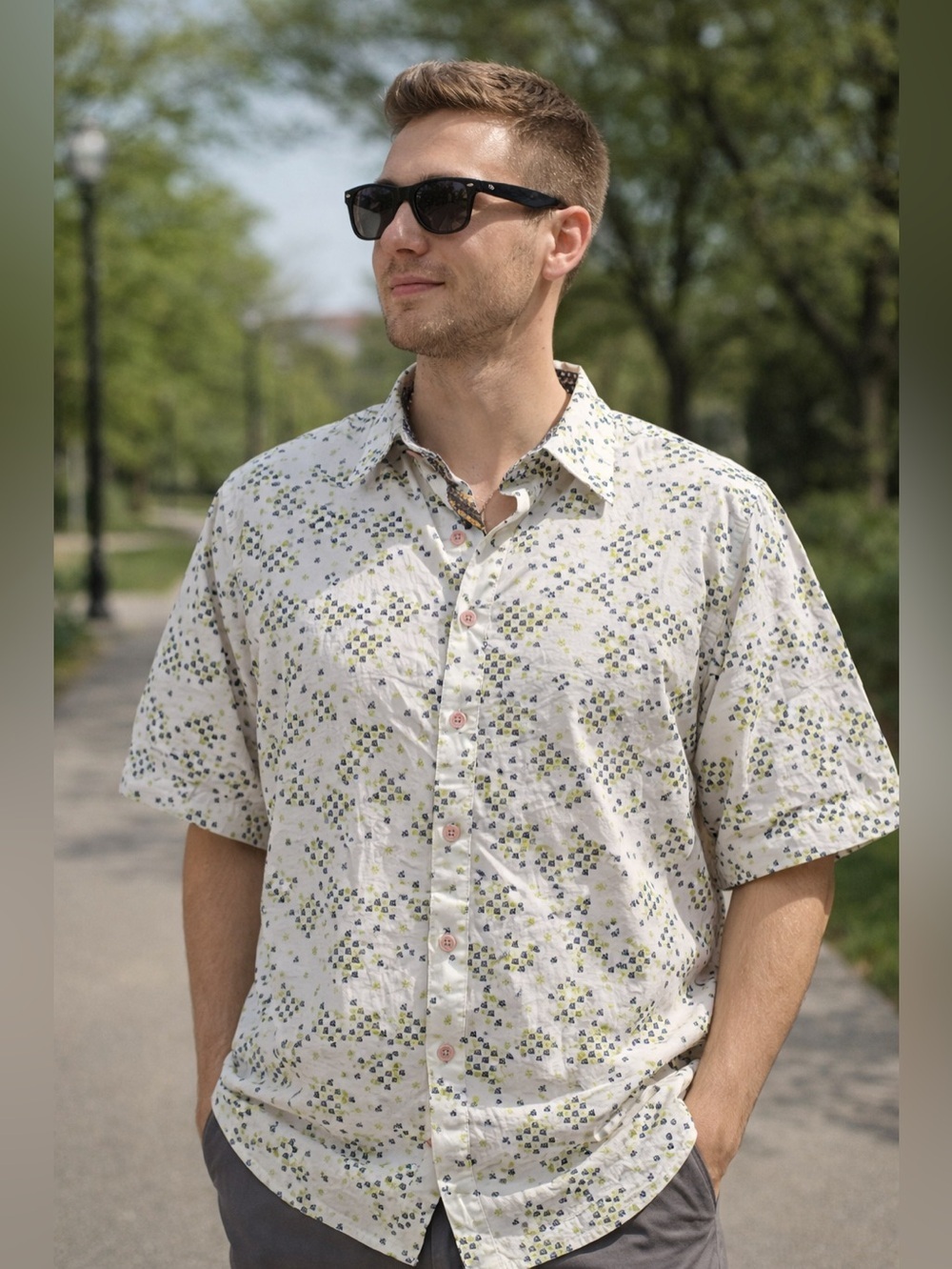 Robert Graham White Button-Down Shirt with Blue and Yellow Micro Print